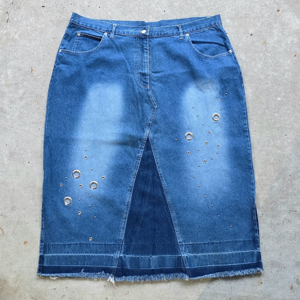 Vintage Denim Maxi Skirt Plus Size 24 Blue Embellished Faded 90s Retro Punk